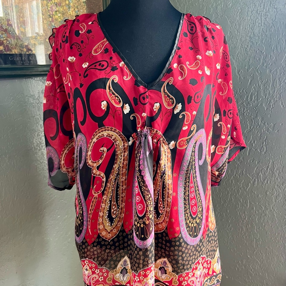 Y2K Early 2000s Red Sheet Paisley Print V-Neck Women's Top Sheer Blouse